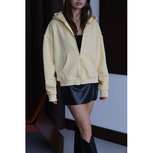 3 iplik şardonlu kapşonlu hoodie frm sarı p510437