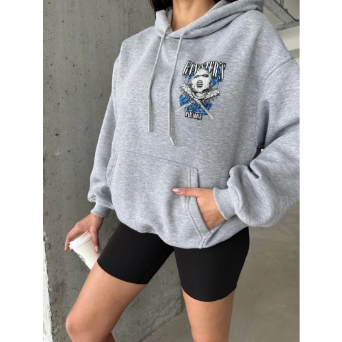 3 iplik şardonlu oversize kafa baskılı sweat gri