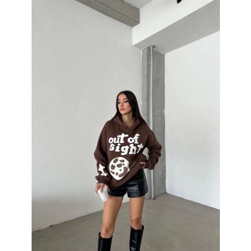 3 iplik şardonlu oversize out of baskılı sweat kahve