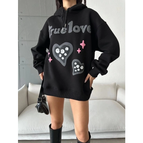 3 iplik şardonlu oversize true baskılı sweat siyah