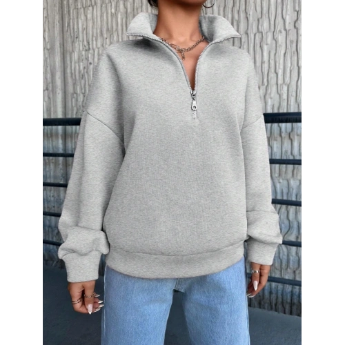 3 iplik Şardonlu yarım fermuarlı sweatshirt gri