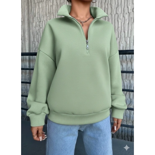 3 iplik Şardonlu yarım fermuarlı sweatshirt mint