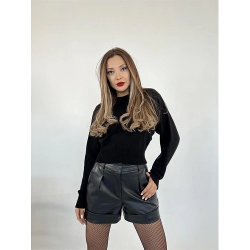 3914 TRİKO GENİŞ KOL CROP KAZAK-SİYAH