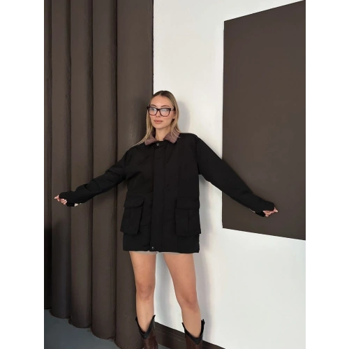 Astarlı yaka detaylı artos ceket siyah st2651019