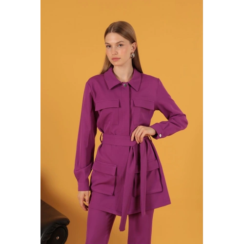 Atlas Kumaş Cep Espirili Kadın Ceket-Mürdüm