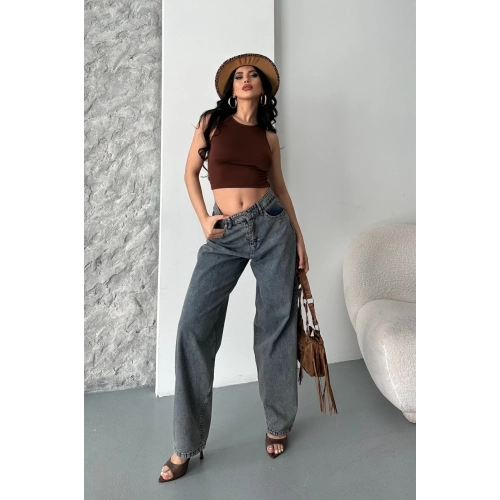 Baggy kar yıkama eskitme kahve jeans pantolon d2007