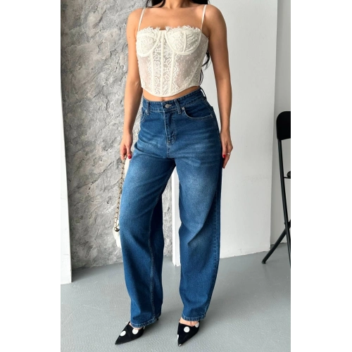 Baggy süper taş bıyık yıkama koyu mavi jeans pantolon d2007