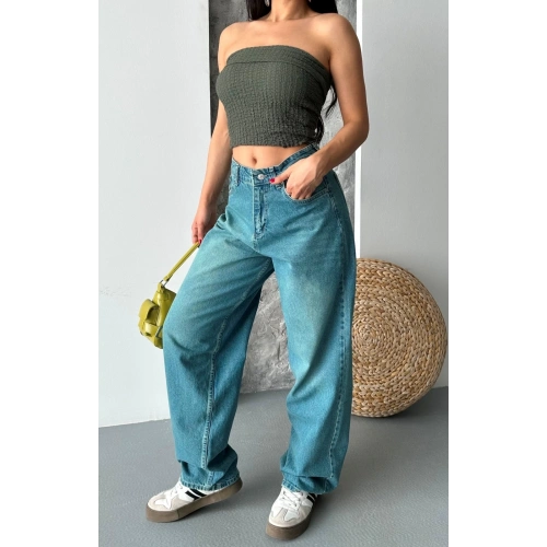 Baggy taş enzim bıyık yıkama jeans pantolon yeşil tint d2007