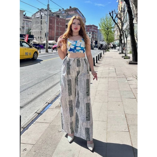 Baskılı Bağcıklı keten pantolon krem