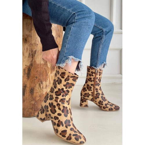 Birta Leopar Cilt Streç Topuklu Bot