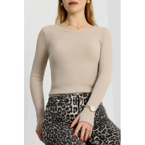 Bisiklet Yaka Parmak Geçmeli Kaşkorse bluz bej a3829