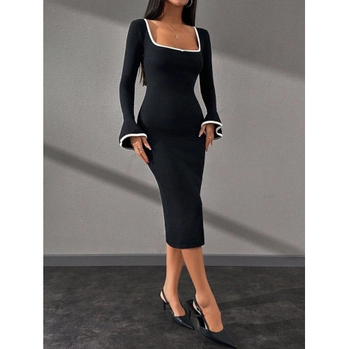 Biyeli midi boy elbise siyah A3718