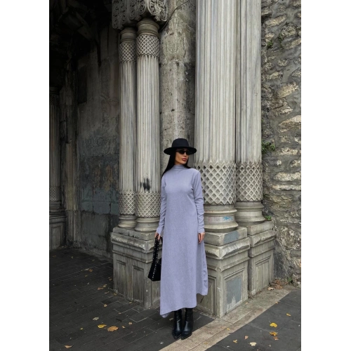 Boğazlı kalın bürümcük uzun elbise gri