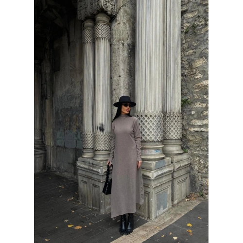 Boğazlı kalın bürümcük uzun elbise vizon