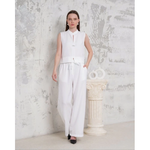 Broşlu yelek pantolon takım beyaz s255821