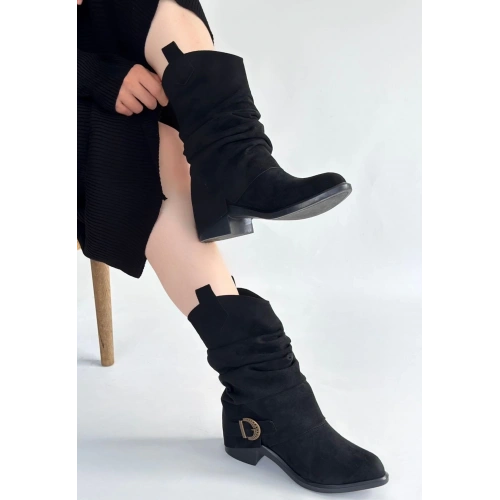 Canty Siyah Süet Körüklü Topuklu Çizme