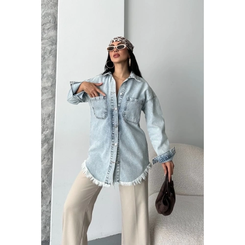 Cepli püsküllü kar yıkama kot ceket mavi d2515