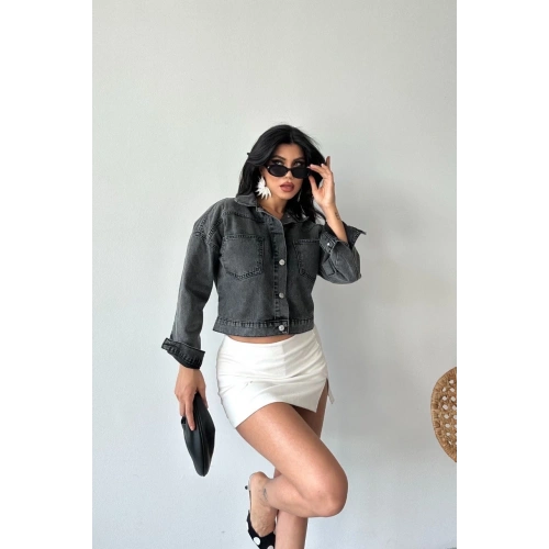 Çift cepli kol katlamalı süper taş enzim yıkama crop kot ceket füme d2000