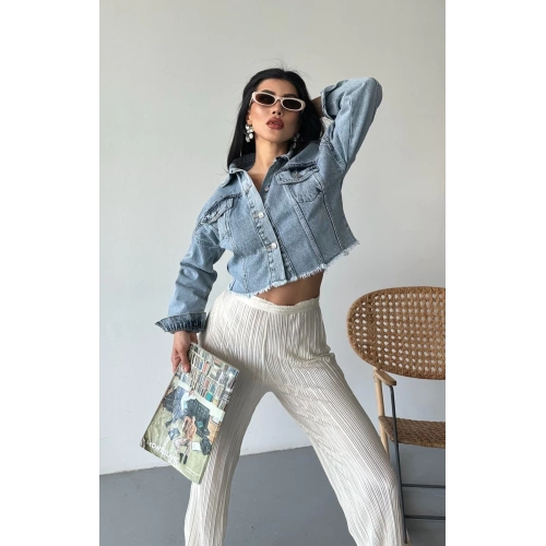 Çift kapaklı püsküllü crop buz mavi d2002