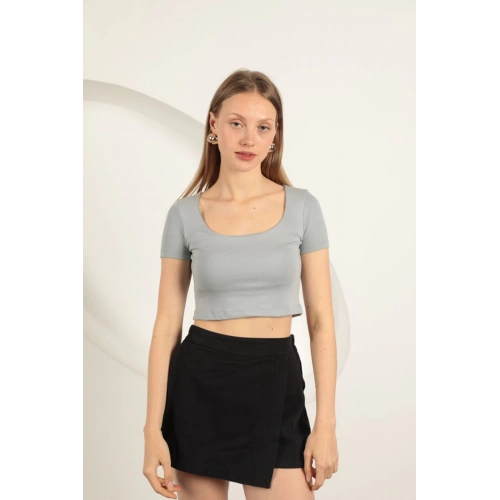 Çilek Viskon Kumaş U Yaka Bluz-Gri