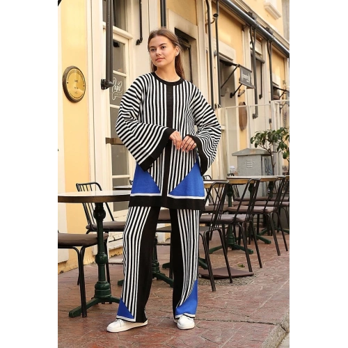 Çizgili bisiklet yaka triko takım siyah