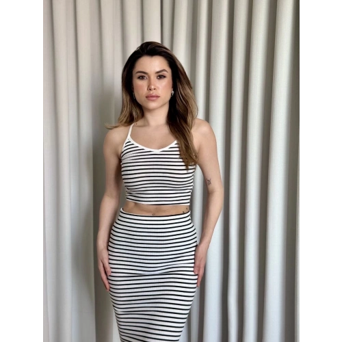 Çizgili etek crop takım