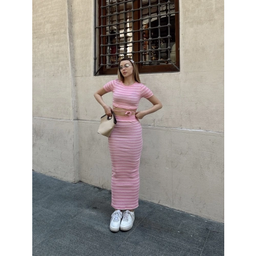 Çizgili etekli takım pembe s3609