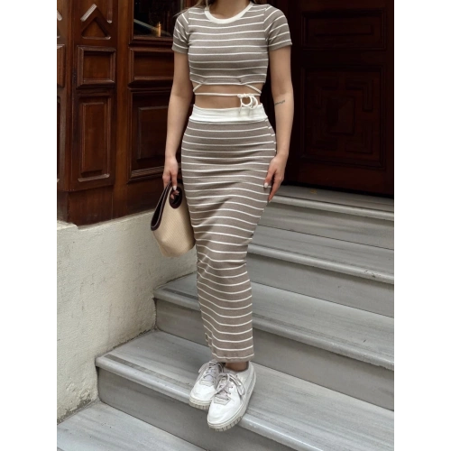 Çizgili etekli takım vizon s3609