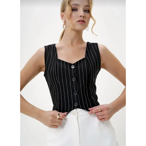 Çizgili krep düğmeli yelek siyah s3395