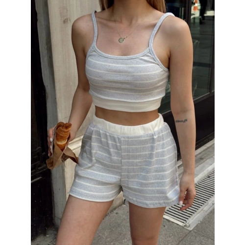 Çizgili şortlu takım gri s3978