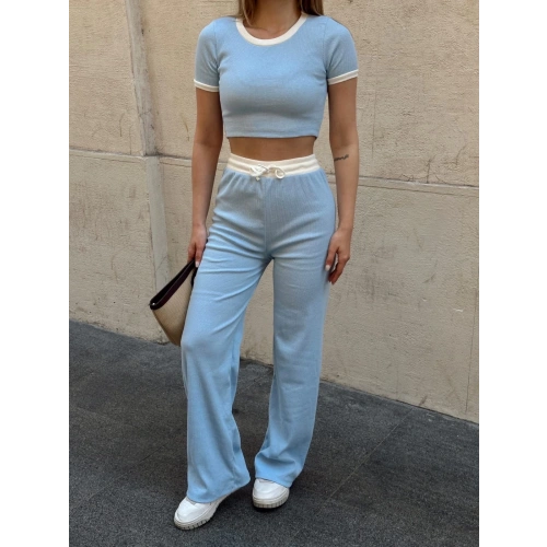 Crop pantolon biyeli takım mavi