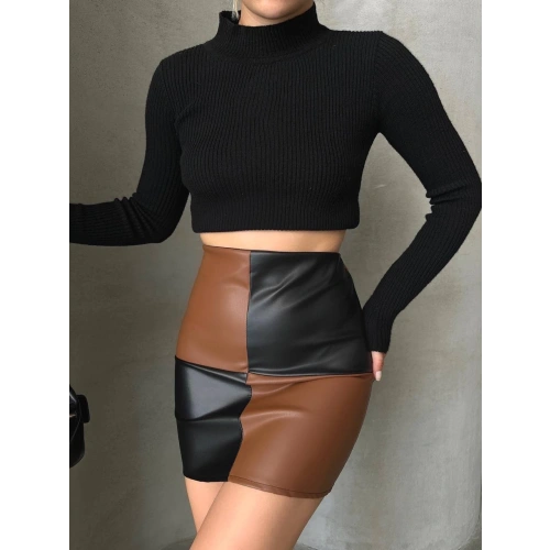 Damalı deri etek siyah kahve w24648