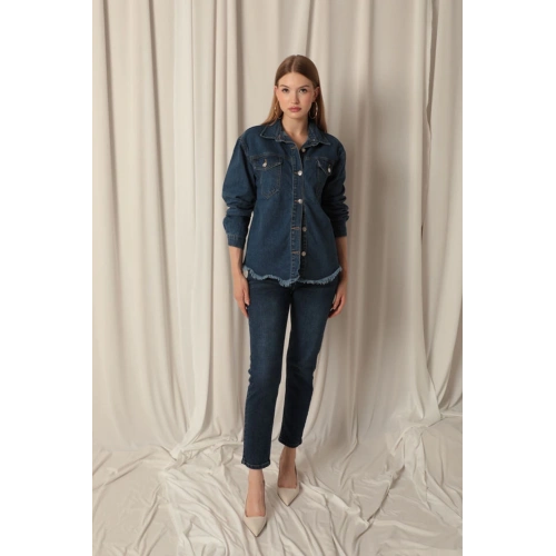 Denim Kumaş Cep Detay Püsküllü Kadın Mavi Kot Ceket