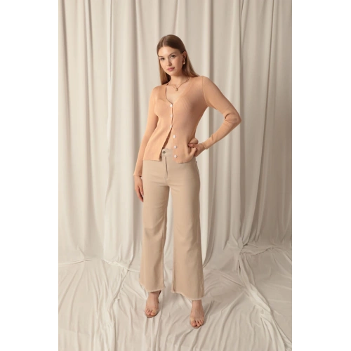 Denim Kumaş Paçası Püsküllü Salaş Kadın Bej Pantolon