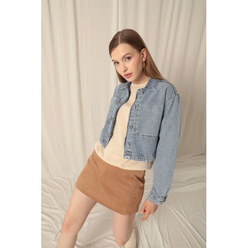 Denim Kumaş Ters Cep Kadın Mavi Ceket