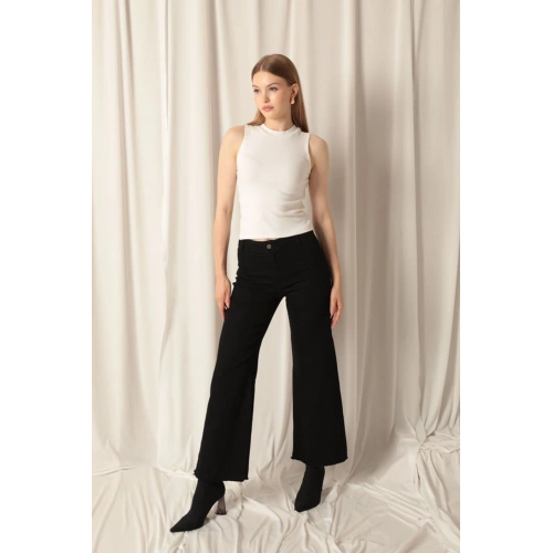 Denim Kumaş Wide Leg Paçası Püsküllü Salaş Kadın Siyah Kot Pantolon