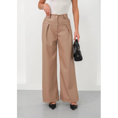 Deri geniş paça beli lastikli pantolon bej h263644