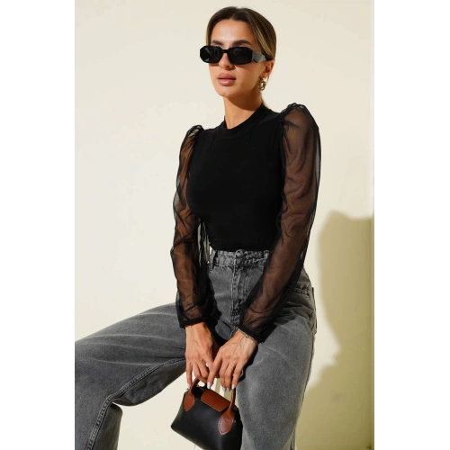 Dik yaka tül kollu bluz siyah t3066