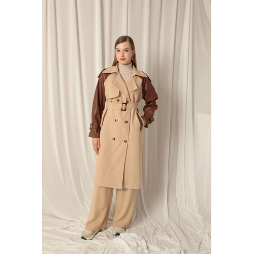Dokuma Kumaş Deri Garnili Kadın Bej Trenckot