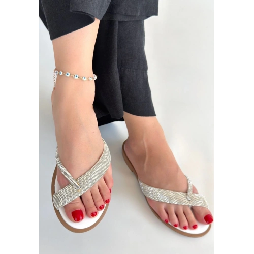 Eday Gümüş Boncuk İşlemeli Terlik