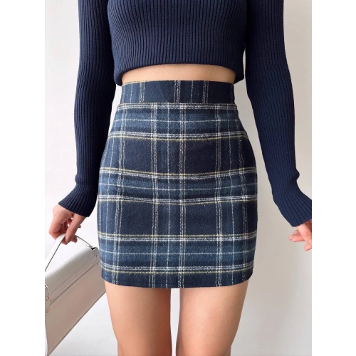 Ekoseli kaşe etek lacivert hf