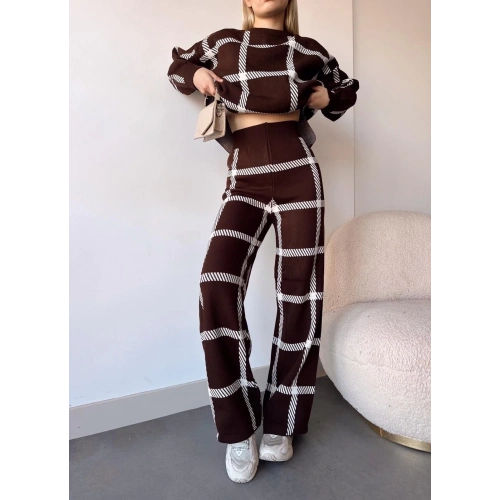 Ekoseli triko takım kahvebeyaz