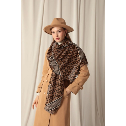 Etnik Desenli Kadın Kahve Şal