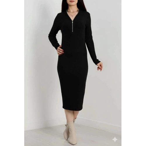 Fermuar detaylı fitilli şardonlu elbise siyah a3178