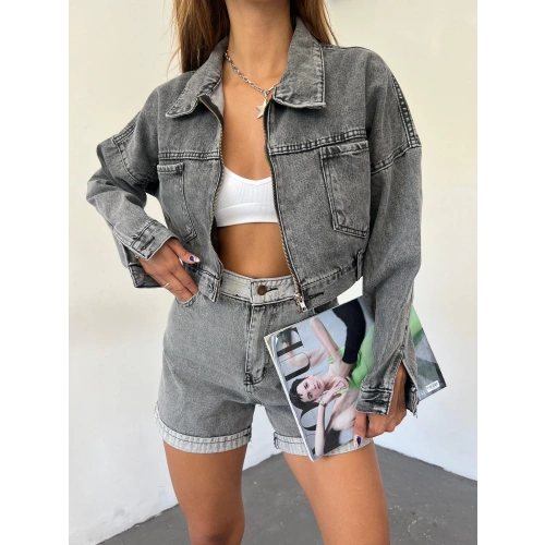 Fermuarlı Çift Cepli Denim Ceket