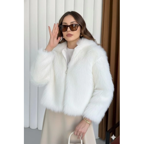 Fermuarlı kısa kürk beyaz t7746