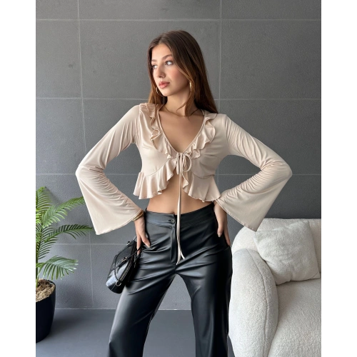 Fırfır Detaylı Önü Bağlamalı Crop Bluz
