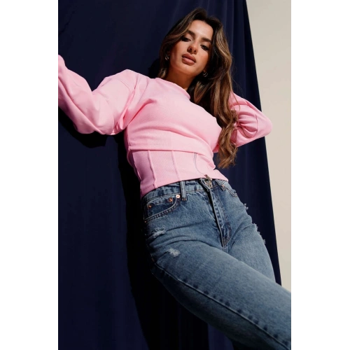 Fitilli Bisiklet Yaka İkili Bluz Pembe T4341