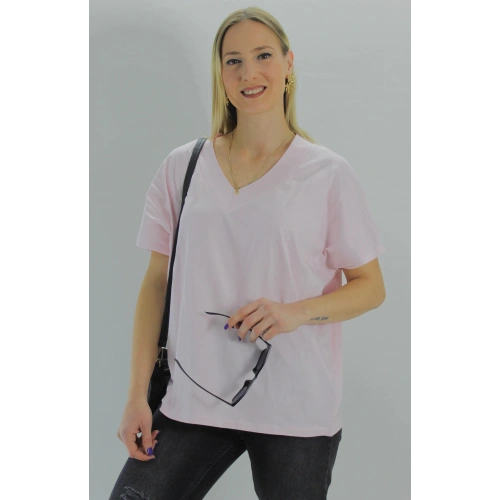 Geniş V yaka Tişört Açıkpembe - 1090.35