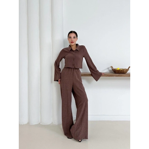 Gömlek yaka kaplama düğmeli takım kahve st265866